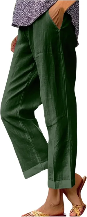Women's Cropped Linen Pants Summer Elastic Waist Straight Leg Plus Size Crop Pant Casual Beach Trousers with Pocket