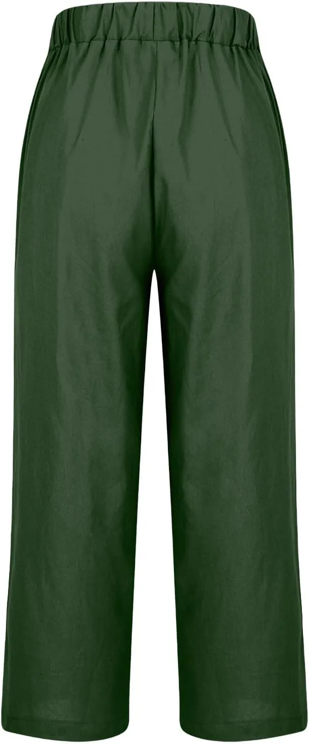 Women's Cropped Linen Pants Summer Elastic Waist Straight Leg Plus Size Crop Pant Casual Beach Trousers with Pocket