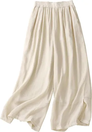 Women's Culottes Linen Blend Wide Leg Pants Baggy Elastic Waist Casual Pleated Palazzo Trousers Capris with Pockets