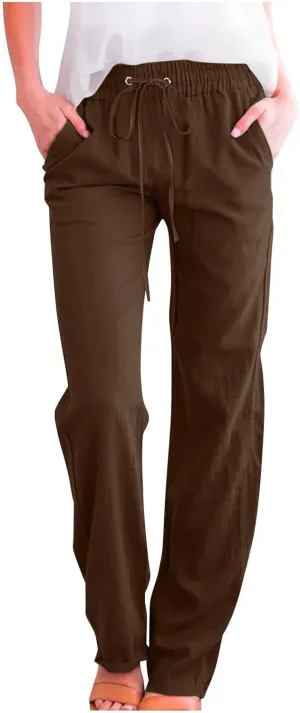 Womens Drawstring Cotton Linen Pants Solid Slim Fit Tapered Trousers Summer Beach Vacation Slacks 2025 Solid Outfits