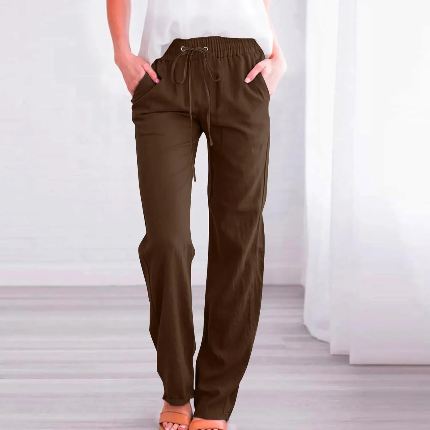 Womens Drawstring Cotton Linen Pants Solid Slim Fit Tapered Trousers Summer Beach Vacation Slacks 2025 Solid Outfits