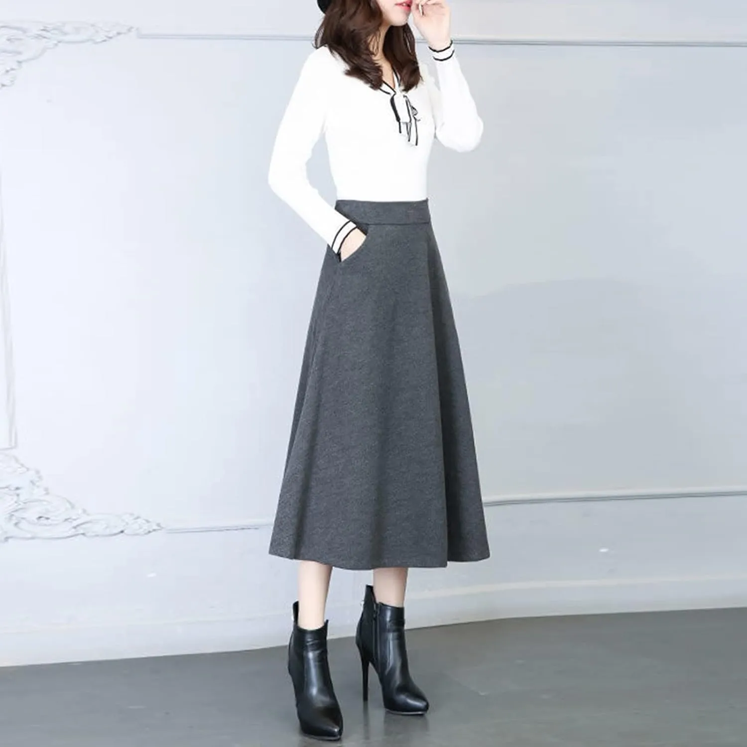 Women's Elastic High Waist Midi Knee Length Pencil Skirt for Women Pleated Cheer Skirt Spring Dresses Midi Skirts