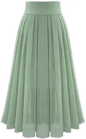 Womens Elastic High Waisted a Line Plain Midi Swing Pleated Skirts Shirring School Girl Uniform Long Skirt