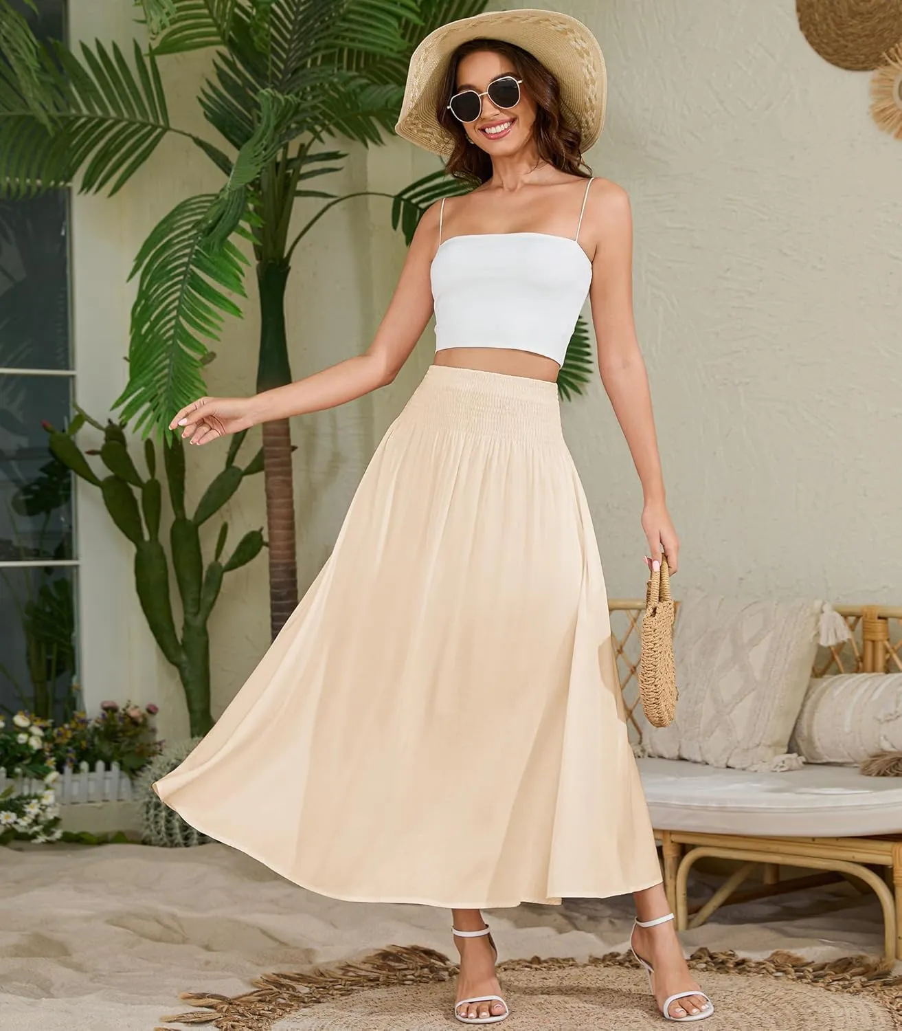 Women's Elastic High Waisted Midi Skirts with Pockets Trendy A-Line Flowy Swing Basic Skirt