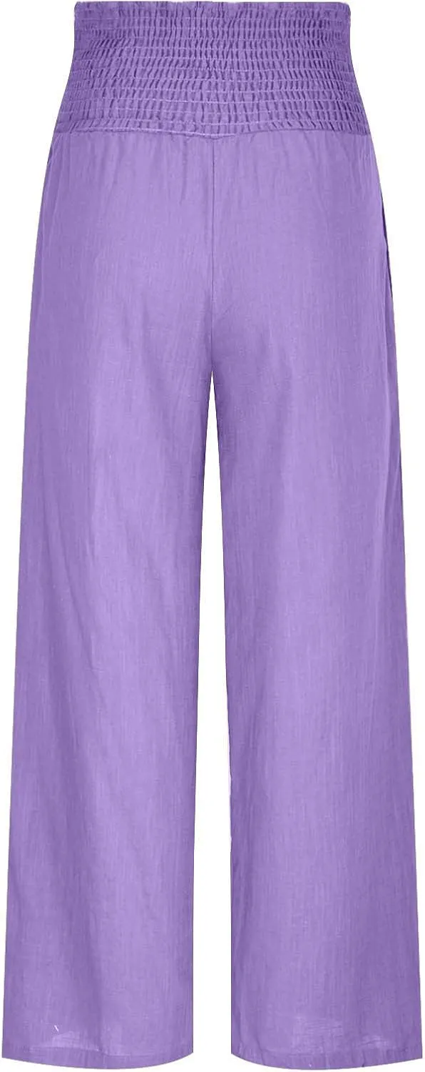 Womens Elastic High Waisted Palazzo Pants Summer Casual Cotton Linen Pants Flowy Wide Leg Trousers with Pocket