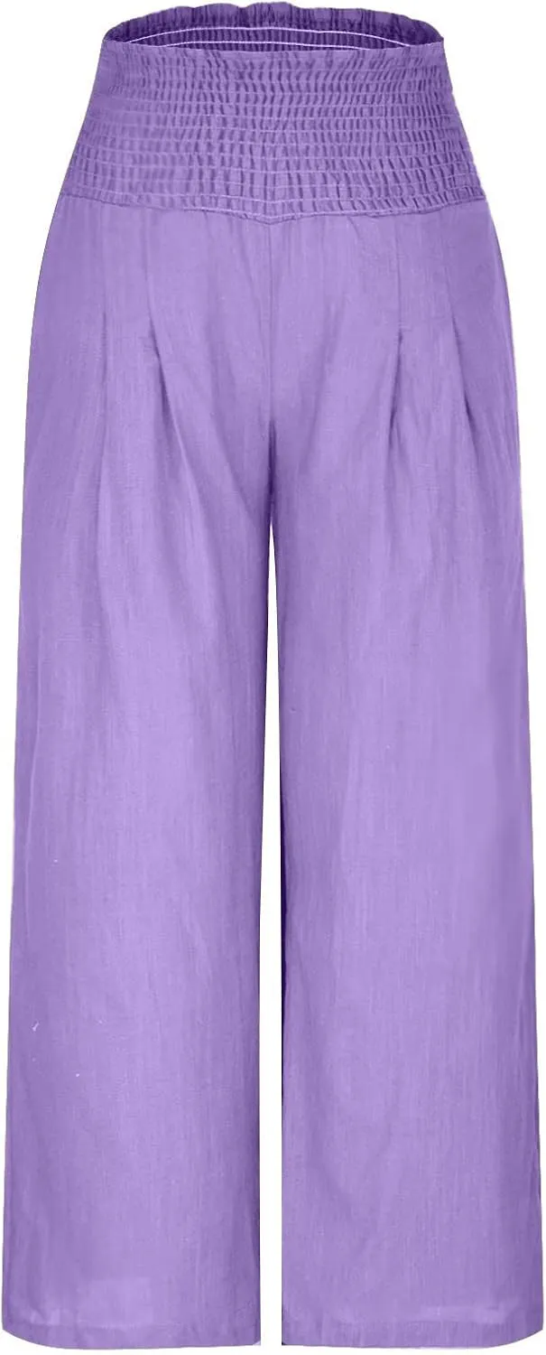 Womens Elastic High Waisted Palazzo Pants Summer Casual Cotton Linen Pants Flowy Wide Leg Trousers with Pocket