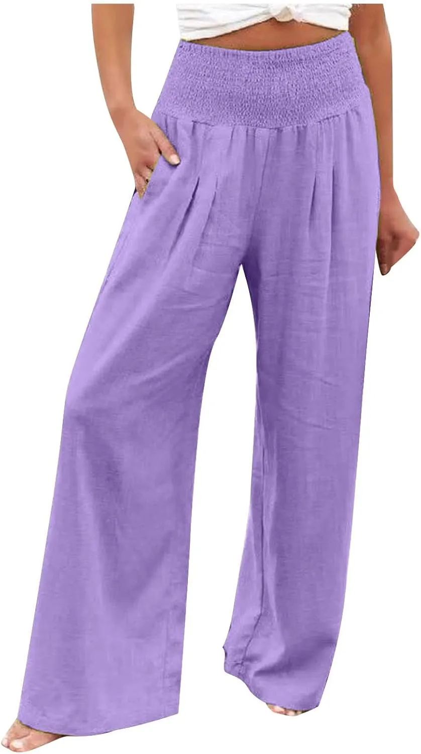 Womens Elastic High Waisted Palazzo Pants Summer Casual Cotton Linen Pants Flowy Wide Leg Trousers with Pocket