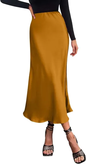 Womens Elegant Midi Skirt High Waisted Solid Satin Dress Work Skirts Party Wedding Flared A-Line Skirts