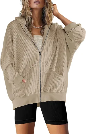 Womens Fashion Zip Up Hoodies Oversized Waffle Knit Jacket Shirts Long Sleeve Solid Shacket Blouse with Pockets