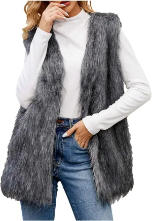 Womens Faux Fur Vest Winter Warm Short Coat Fluffy Shaggy Sleeveless Jacket Fashion Casual Fuzzy Outerwear
