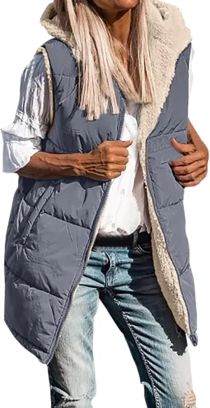Women's Fleece Light Weight Warm Puffer Vests Zip Up Down Outwear Padded Jacket Solid Color Hoodies Winter 2023