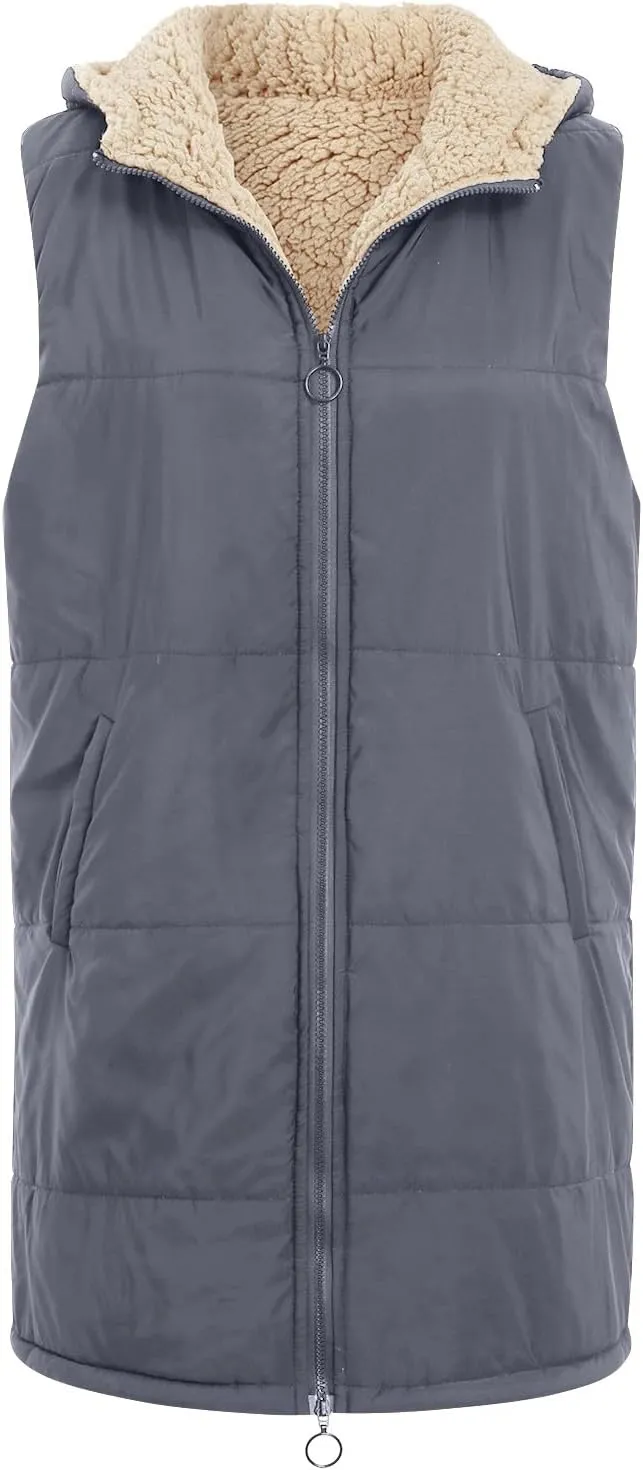 Women's Fleece Light Weight Warm Puffer Vests Zip Up Down Outwear Padded Jacket Solid Color Hoodies Winter 2023