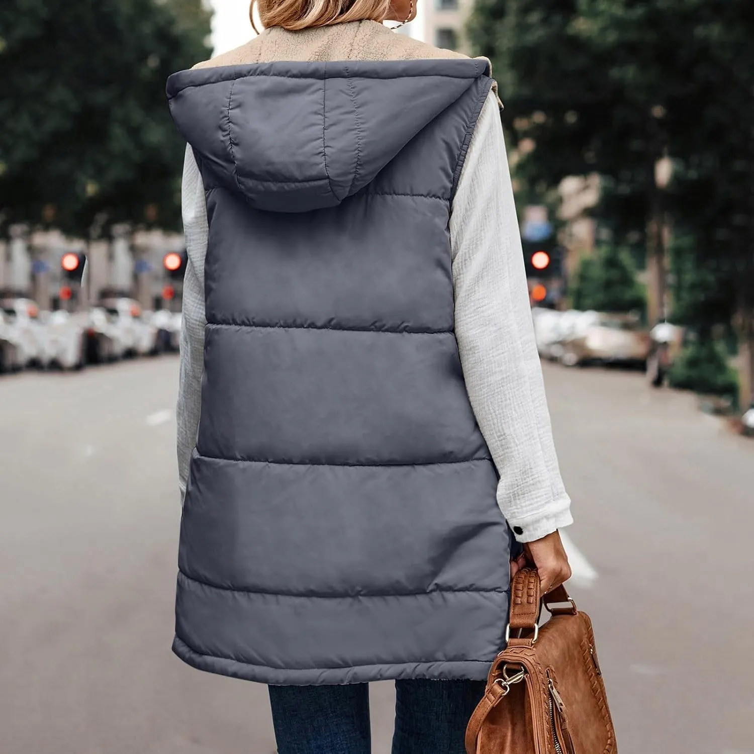 Women's Fleece Light Weight Warm Puffer Vests Zip Up Down Outwear Padded Jacket Solid Color Hoodies Winter 2023