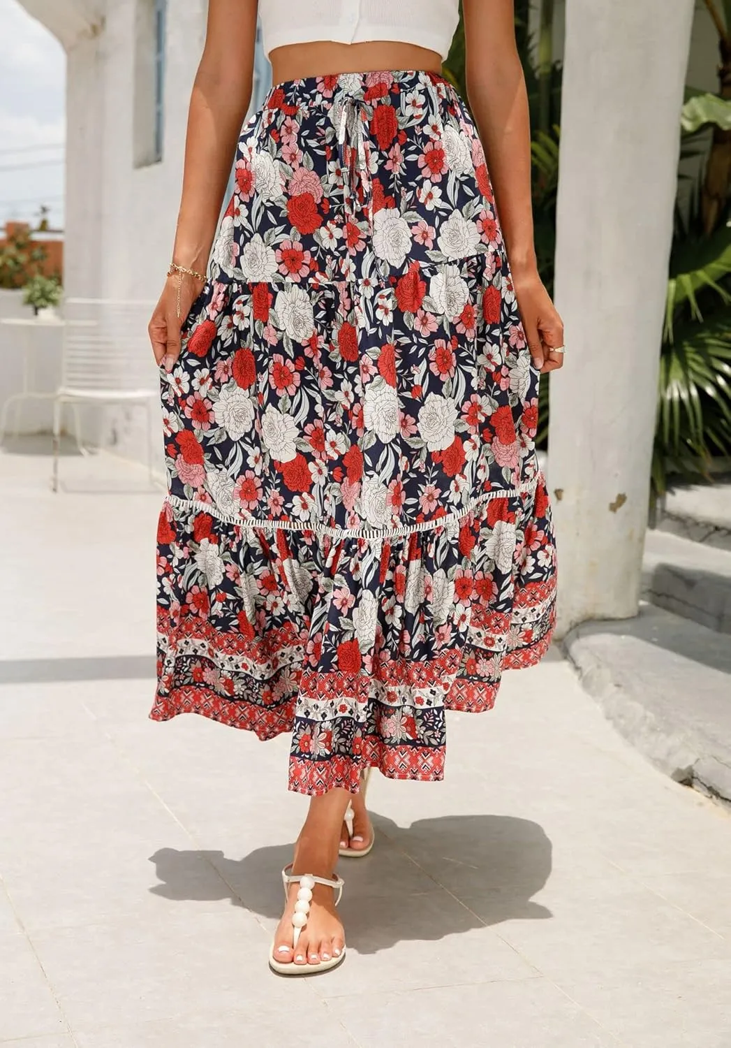 Women's Floral Boho Maxi Skirt Elastic High Waist Flowy A Line Bohemian Long Skirt
