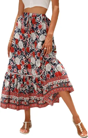 Women's Floral Boho Maxi Skirt Elastic High Waist Flowy A Line Bohemian Long Skirt