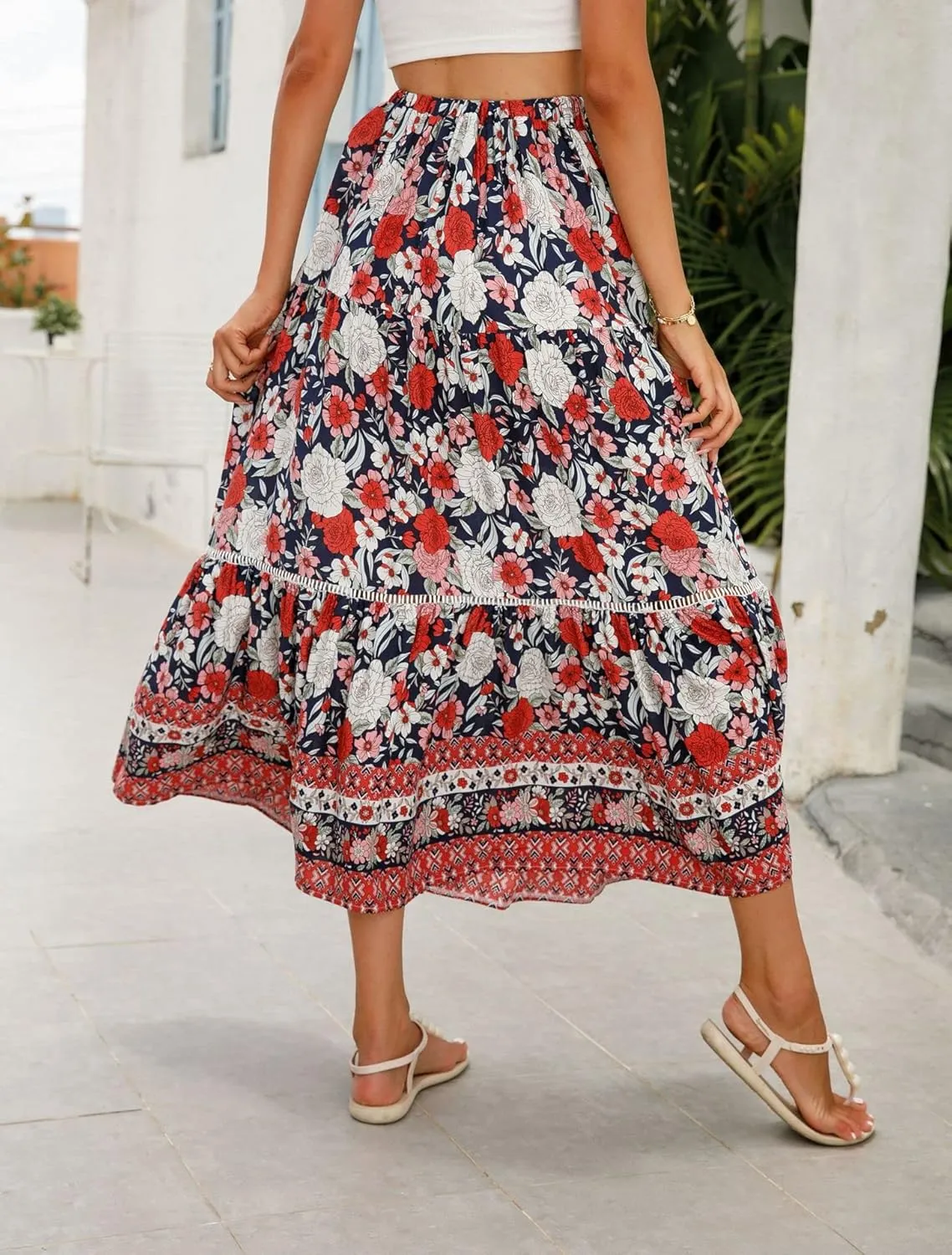 Women's Floral Boho Maxi Skirt Elastic High Waist Flowy A Line Bohemian Long Skirt