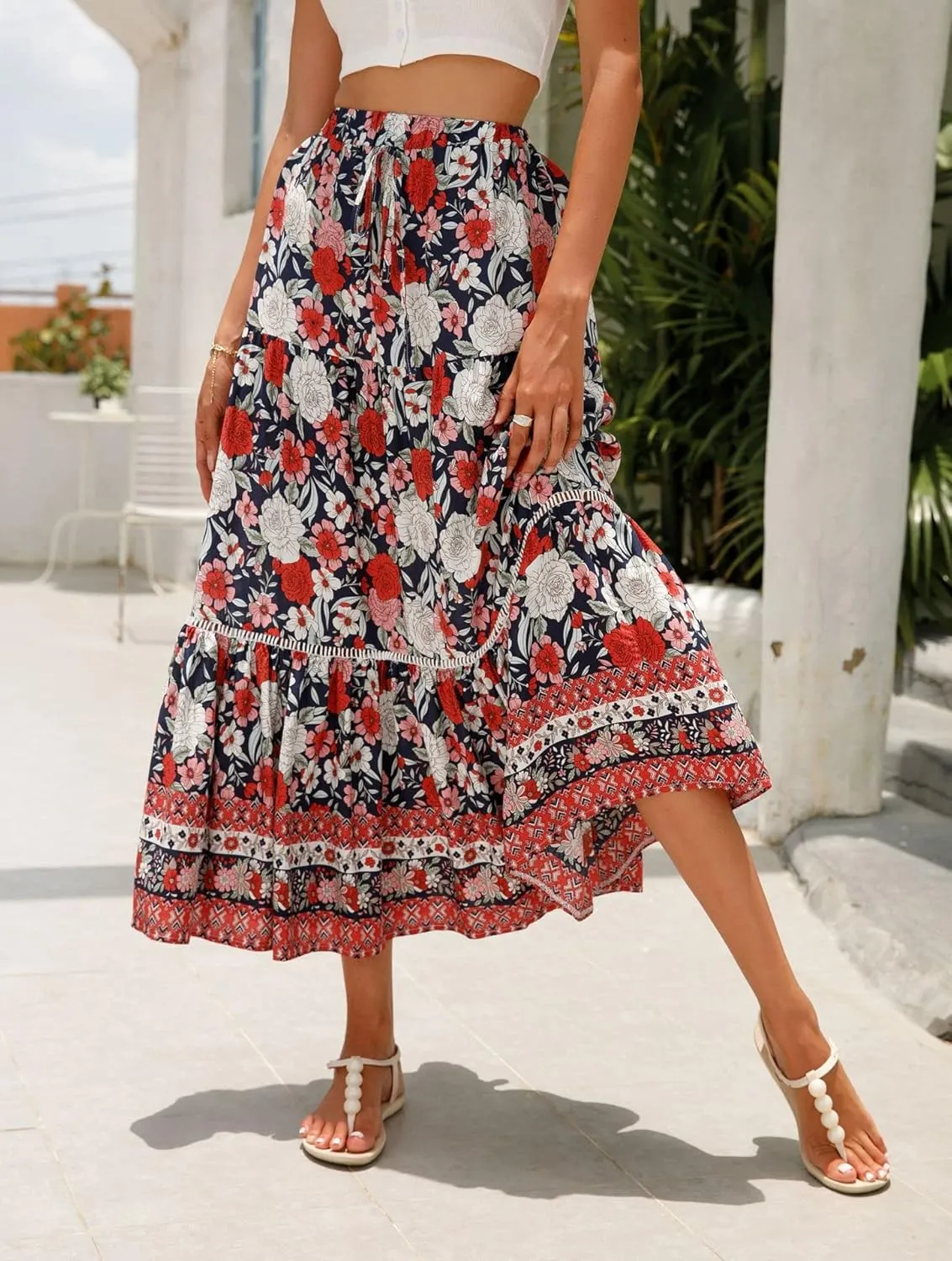 Women's Floral Boho Maxi Skirt Elastic High Waist Flowy A Line Bohemian Long Skirt
