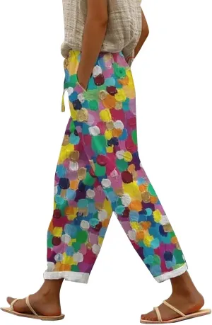 Women's Floral Print Wide Leg Linen Pants with Pockets Elastic Waist Loose Casual Trousers Business Work Casual Pants