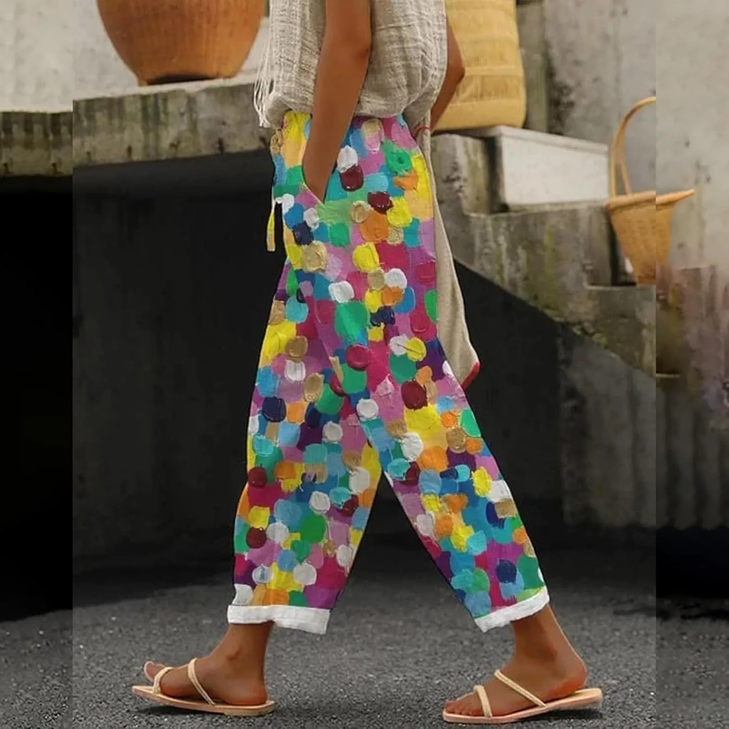 Women's Floral Print Wide Leg Linen Pants with Pockets Elastic Waist Loose Casual Trousers Business Work Casual Pants