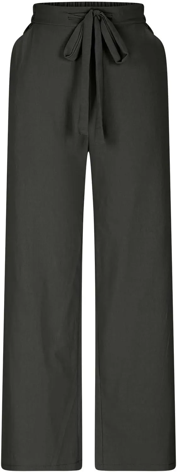 Womens Flowy Loose Wide Leg Linen Pant Summer Beach Casual Trousers high Waist Drawstring Business Work Palazzo Pants