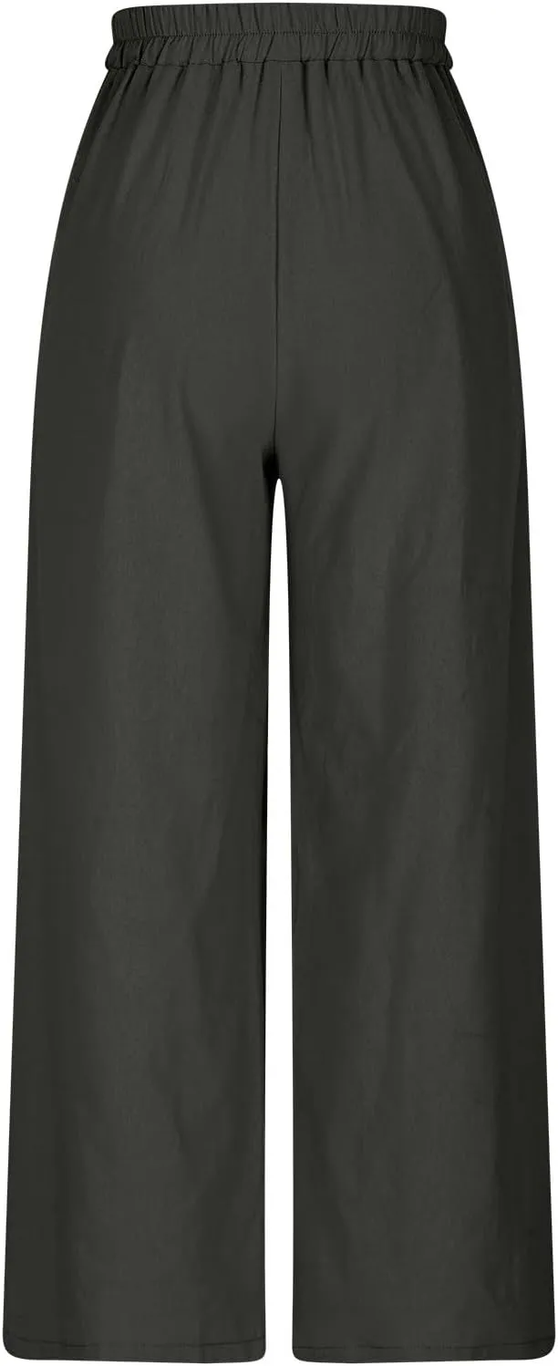 Womens Flowy Loose Wide Leg Linen Pant Summer Beach Casual Trousers high Waist Drawstring Business Work Palazzo Pants