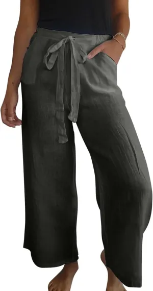 Womens Flowy Loose Wide Leg Linen Pant Summer Beach Casual Trousers high Waist Drawstring Business Work Palazzo Pants