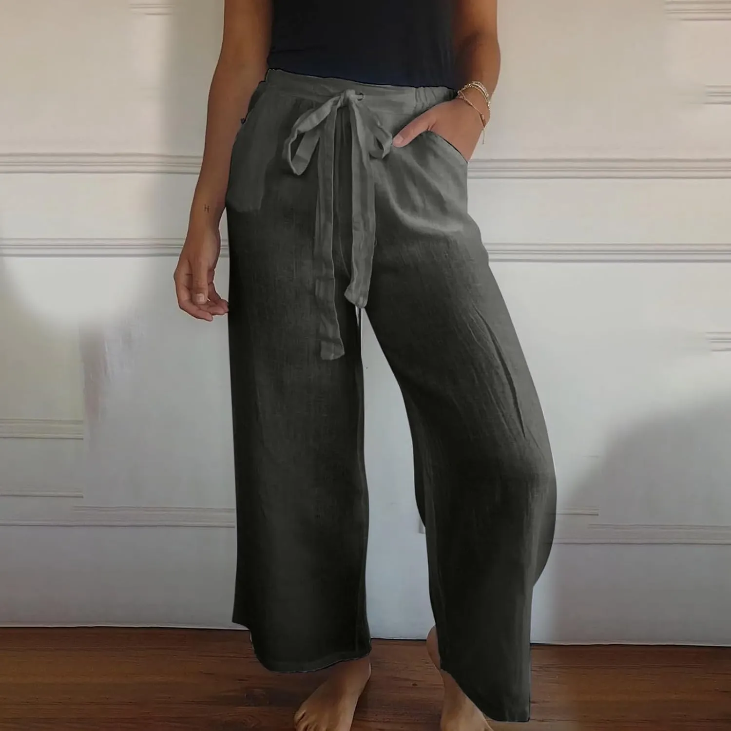 Womens Flowy Loose Wide Leg Linen Pant Summer Beach Casual Trousers high Waist Drawstring Business Work Palazzo Pants
