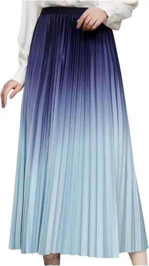 Womens Gradient Pleated Skirts A-Line Midi Skirts Trendy Casual High Elastic Waist Swing Skirt Slim A-Line Long Skirts