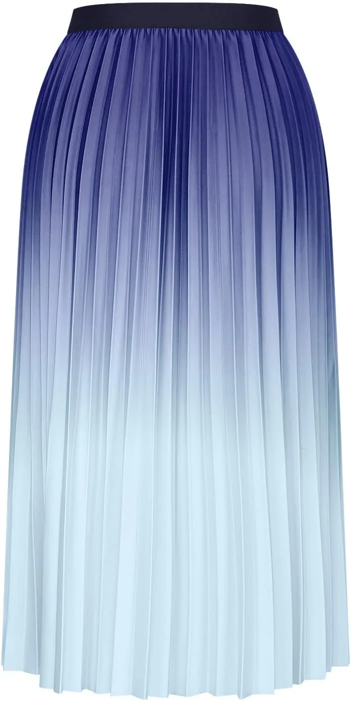 Womens Gradient Pleated Skirts A-Line Midi Skirts Trendy Casual High Elastic Waist Swing Skirt Slim A-Line Long Skirts