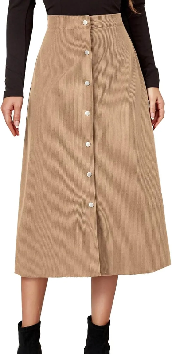 Women's High Waist Corduroy Midi Skirt Button Front A-Line Belted Long Skirts Dressy Casual Work Office Trendy Skirt