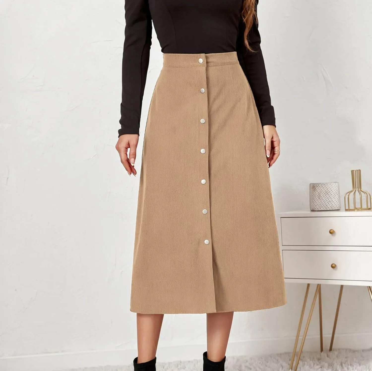 Women's High Waist Corduroy Midi Skirt Button Front A-Line Belted Long Skirts Dressy Casual Work Office Trendy Skirt