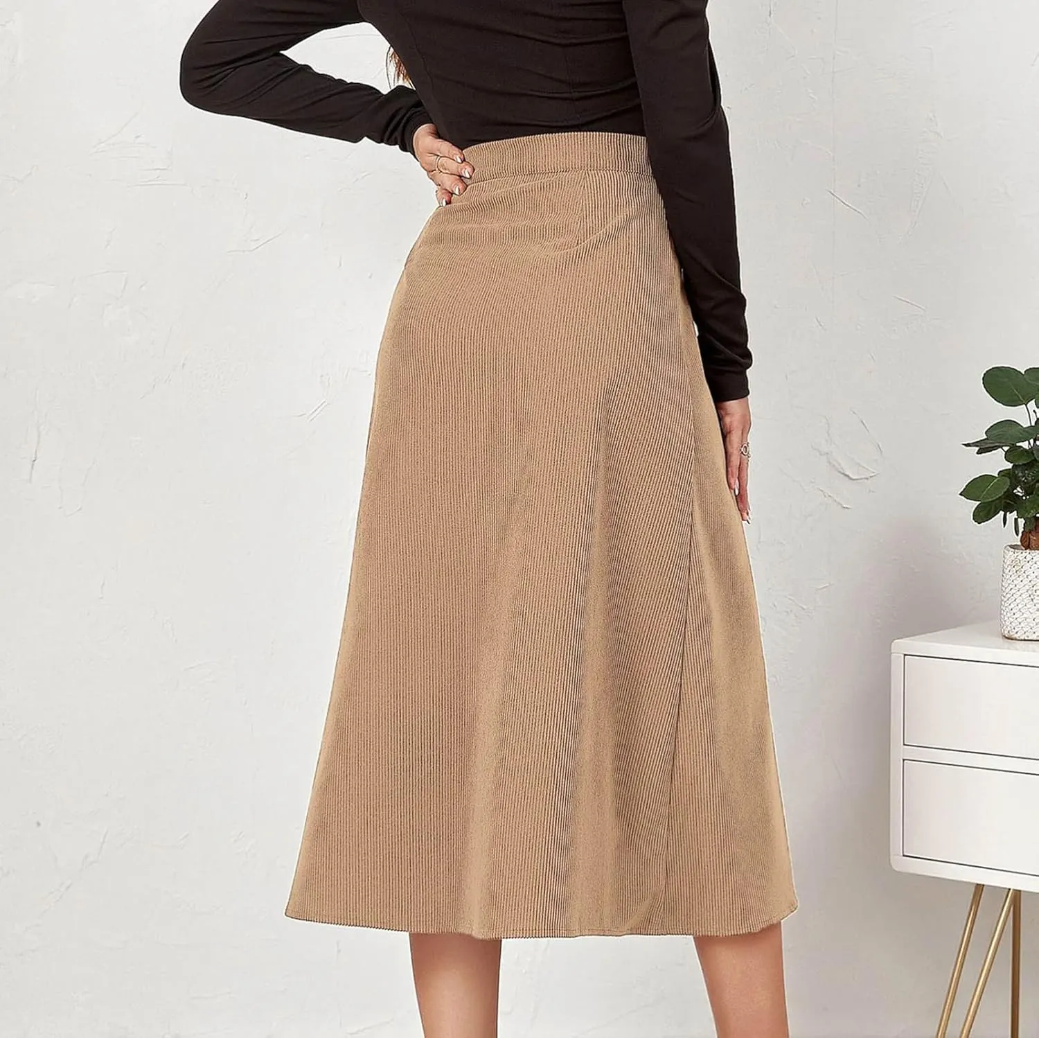 Women's High Waist Corduroy Midi Skirt Button Front A-Line Belted Long Skirts Dressy Casual Work Office Trendy Skirt