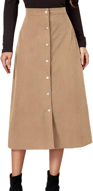 Women's High Waist Corduroy Midi Skirt Button Front A-Line Belted Long Skirts Dressy Casual Work Office Trendy Skirt