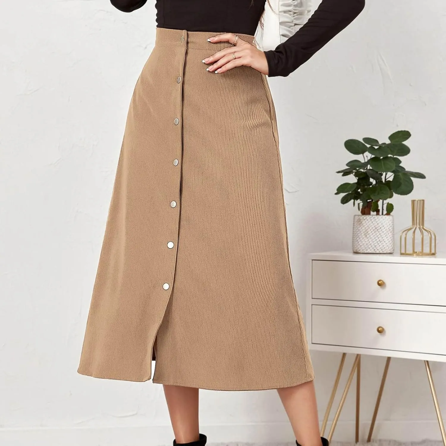 Women's High Waist Corduroy Midi Skirt Button Front A-Line Belted Long Skirts Dressy Casual Work Office Trendy Skirt