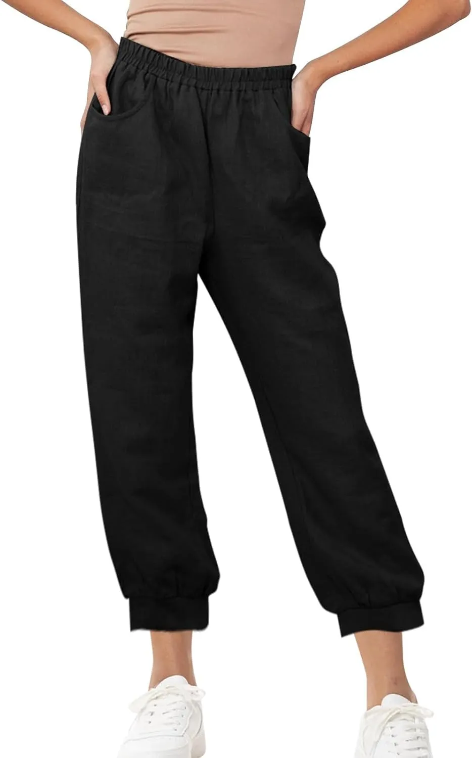Women's High Waist Cotton Linen Cropped Pant, Summer Casual Baggy Sports Joggers Elastic Waist Trousers with Pockets