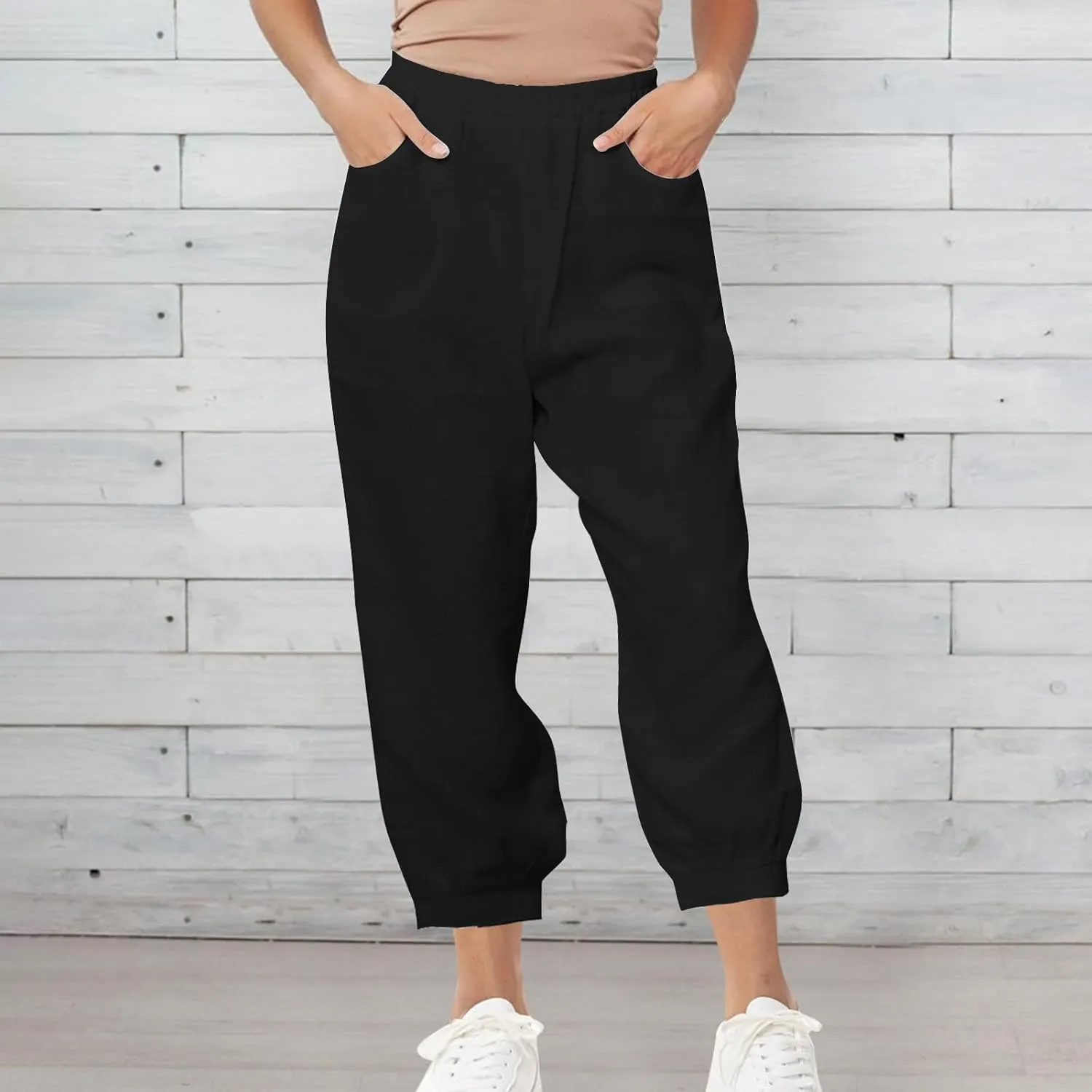 Women's High Waist Cotton Linen Cropped Pant, Summer Casual Baggy Sports Joggers Elastic Waist Trousers with Pockets