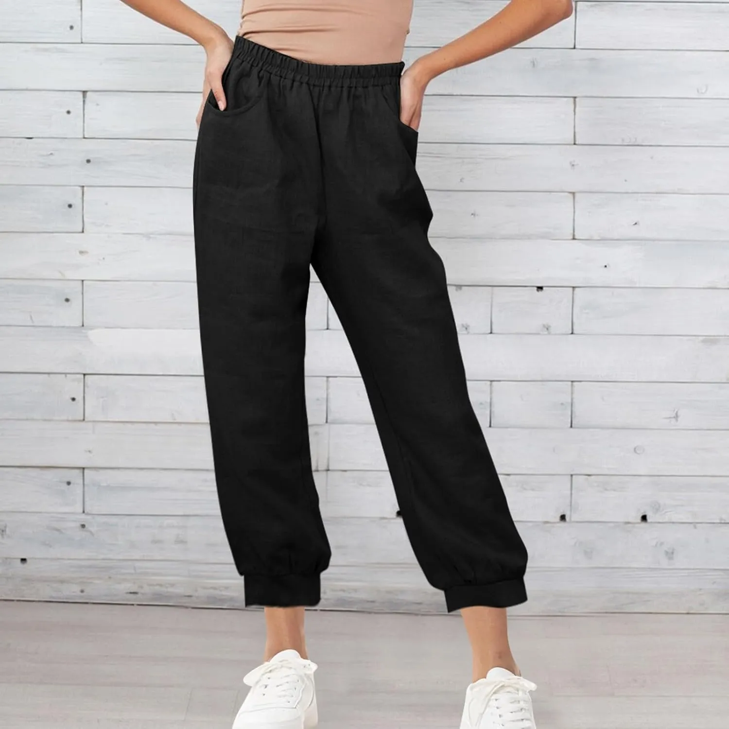 Women's High Waist Cotton Linen Cropped Pant, Summer Casual Baggy Sports Joggers Elastic Waist Trousers with Pockets