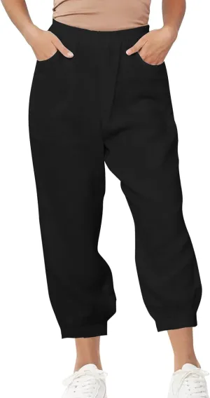 Women's High Waist Cotton Linen Cropped Pant, Summer Casual Baggy Sports Joggers Elastic Waist Trousers with Pockets