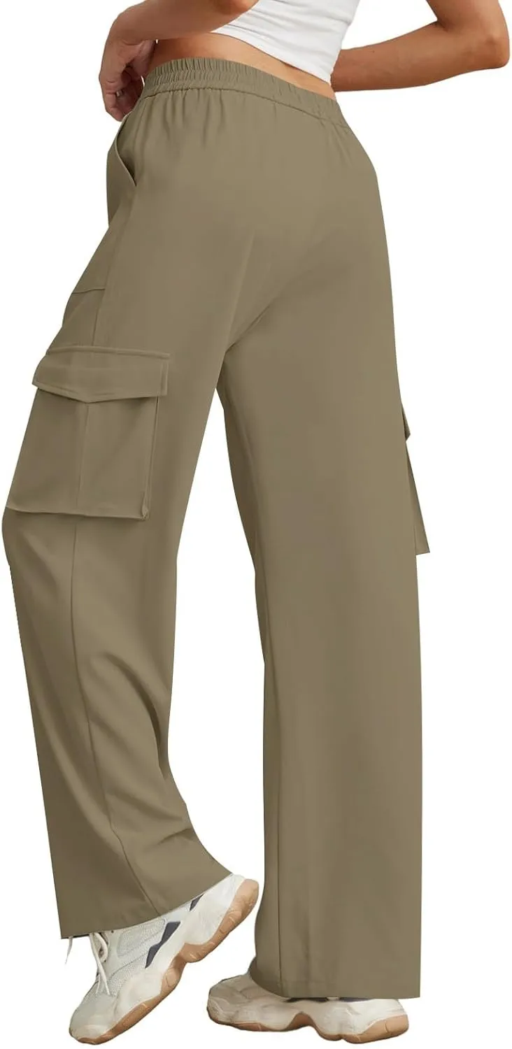 Womens High Waist Straight Leg Pants Solid Color Casual Trousers with Pockets 2024 Trendy Casual Cargo Joggers Pants
