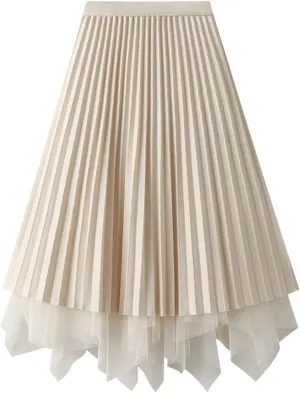 Womens Irregular Tulle Midi Skirts High Waisted Elastic Waisted Pleated Layered Fluffy Skirts Comfy Mesh Fairy Skirts