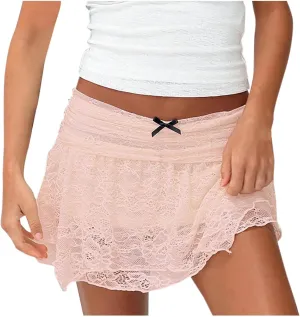 Women's Lace Mini Skirt Y2k Half Slip Skirt Low Rise Pleated Short Skirts Flowy A-line Tiered Skirt Streetwear