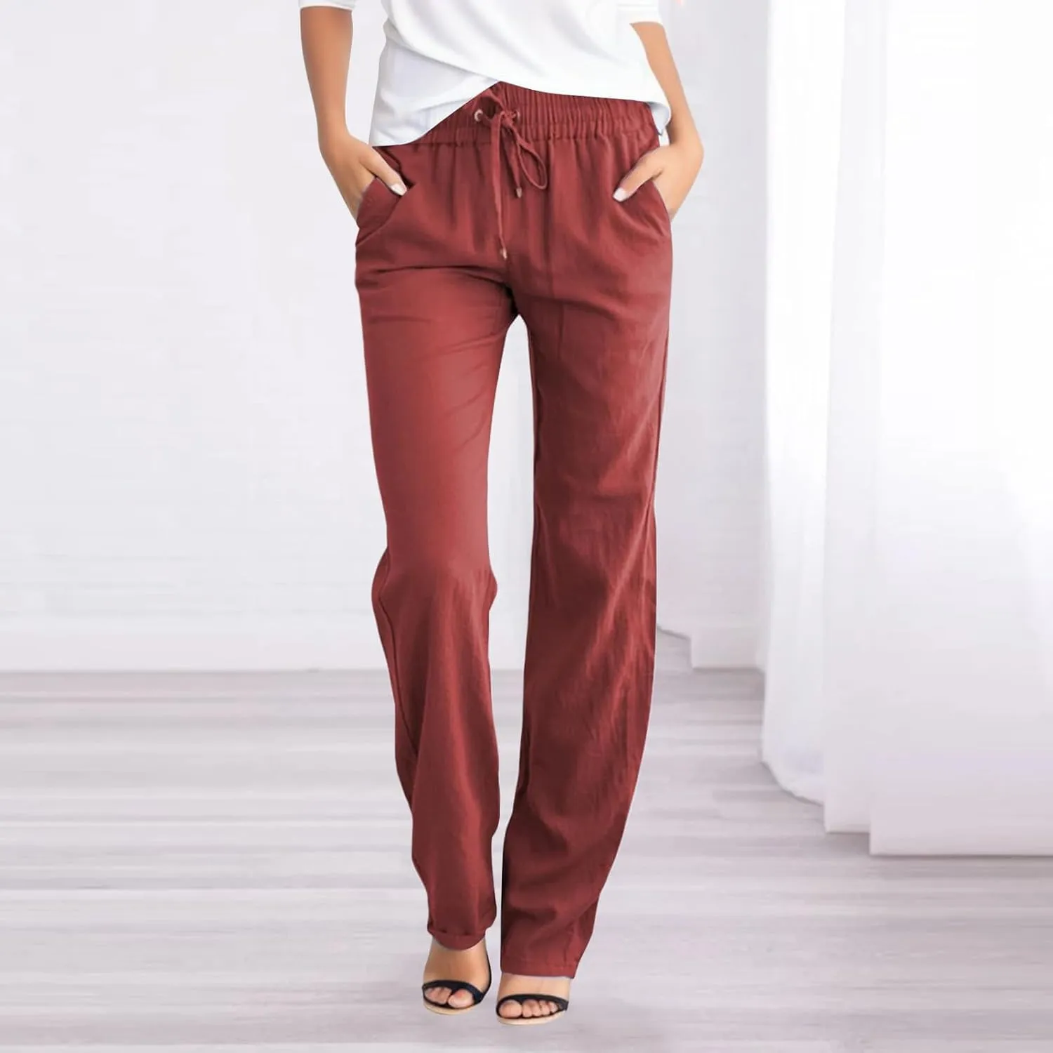 Women's Linen Blend Summer Boho Pant Trousers Elastic Waist Bootcut Slim Fit Pant Trousers Vacation