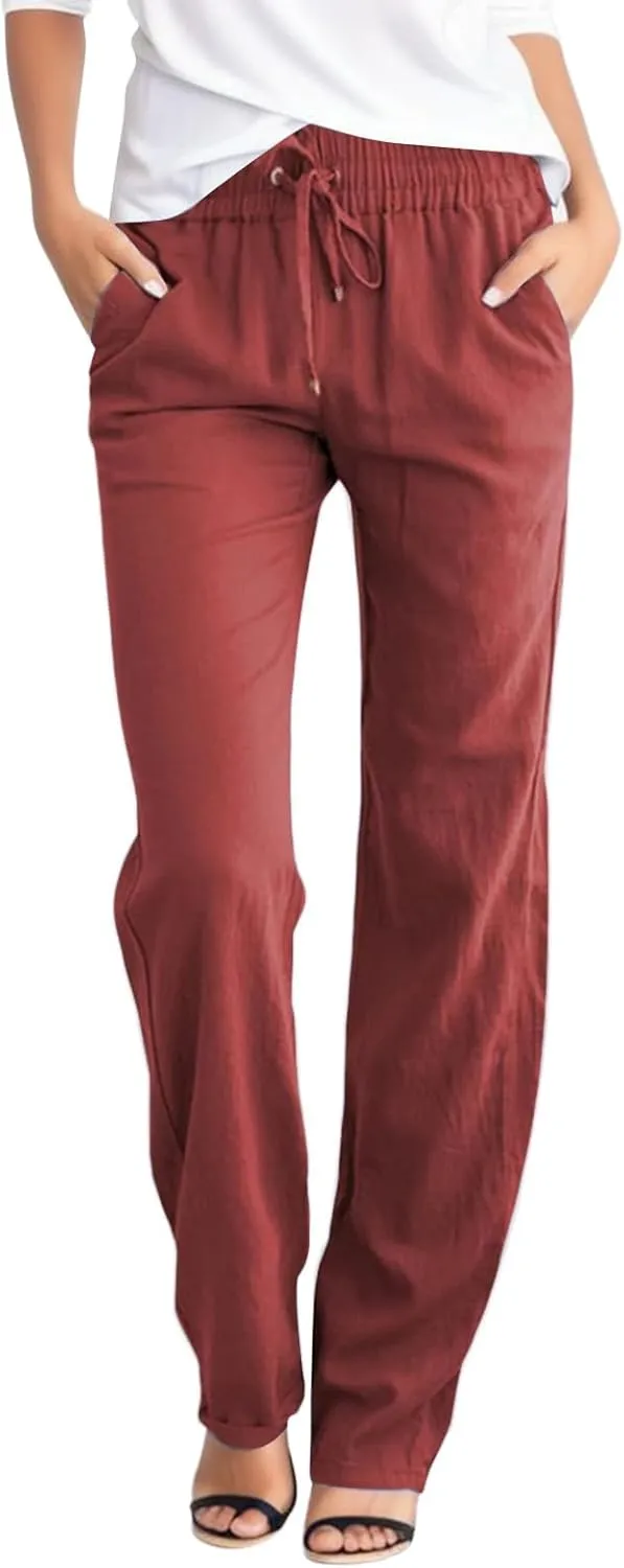 Women's Linen Blend Summer Boho Pant Trousers Elastic Waist Bootcut Slim Fit Pant Trousers Vacation