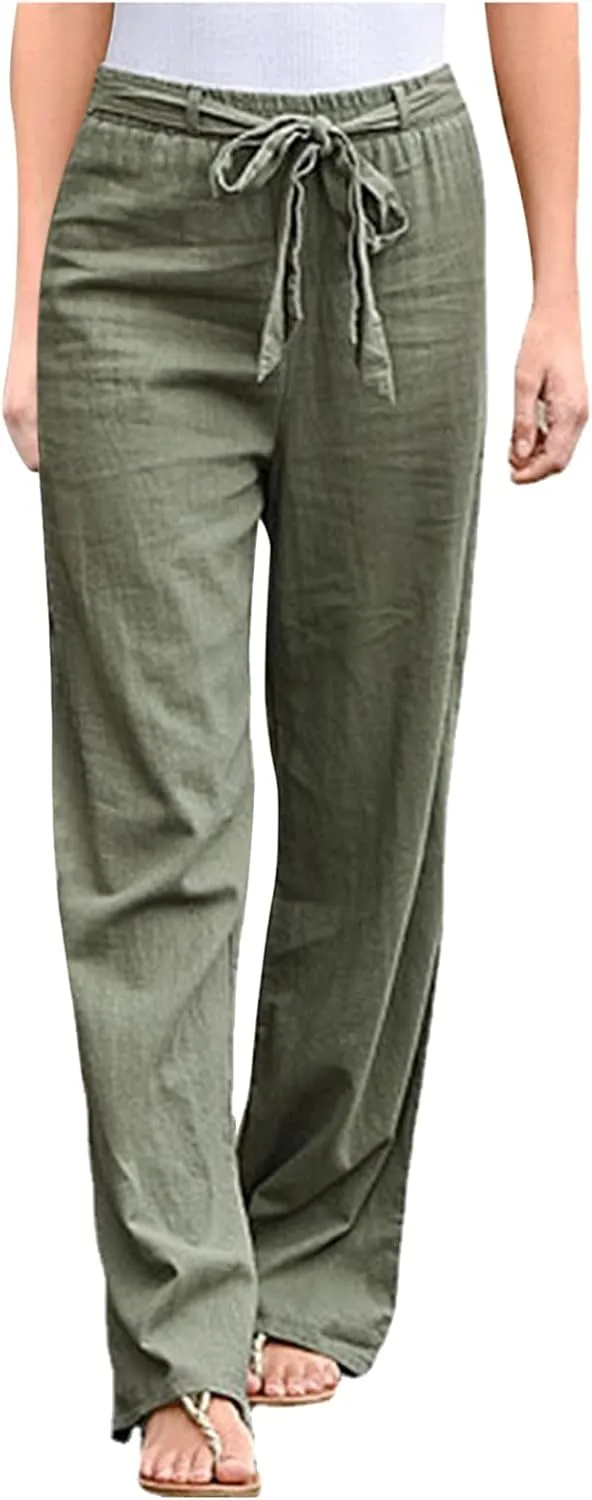 Women's Linen Blend Summer Casual Flowy Palazzo Lounge Pants Elastic Waisted Stretchy Straight Loose Fit