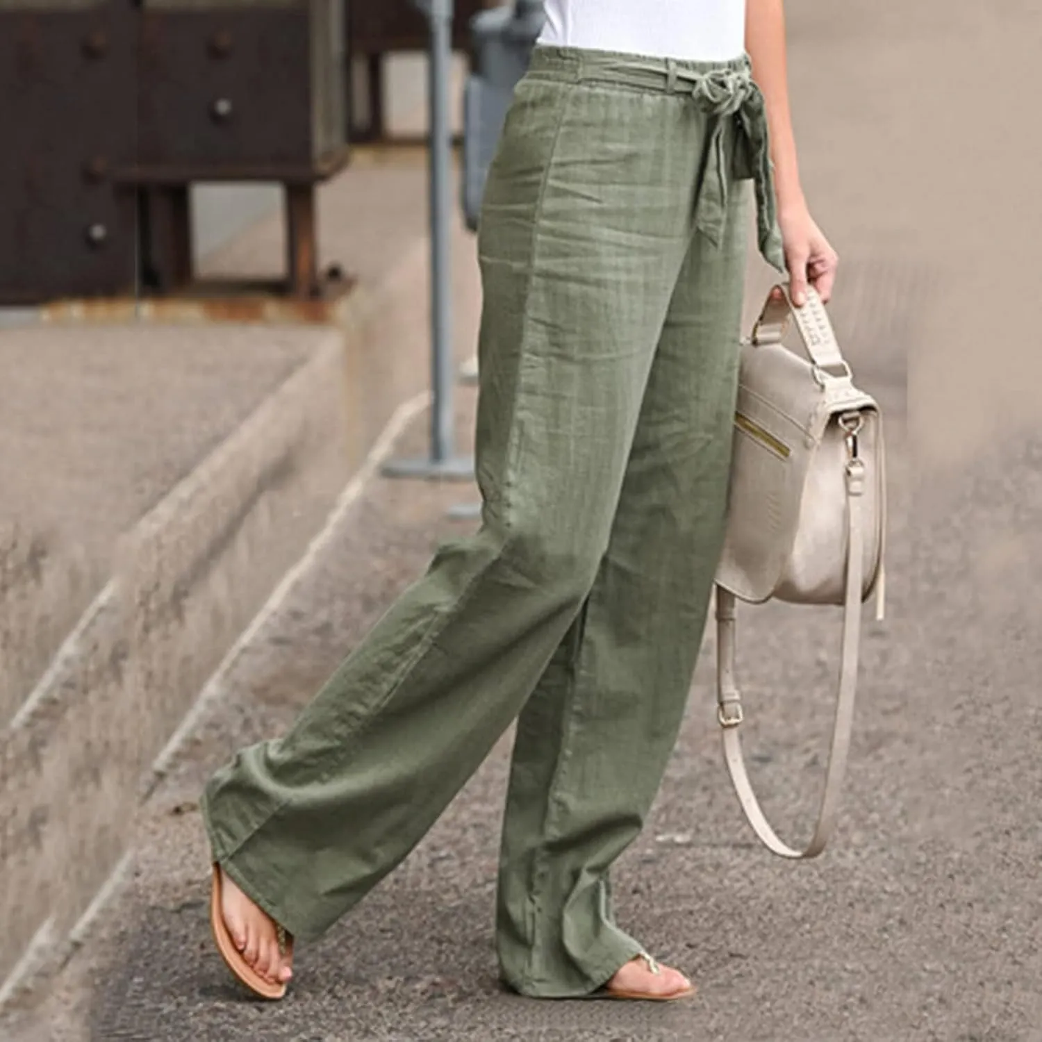 Women's Linen Blend Summer Casual Flowy Palazzo Lounge Pants Elastic Waisted Stretchy Straight Loose Fit