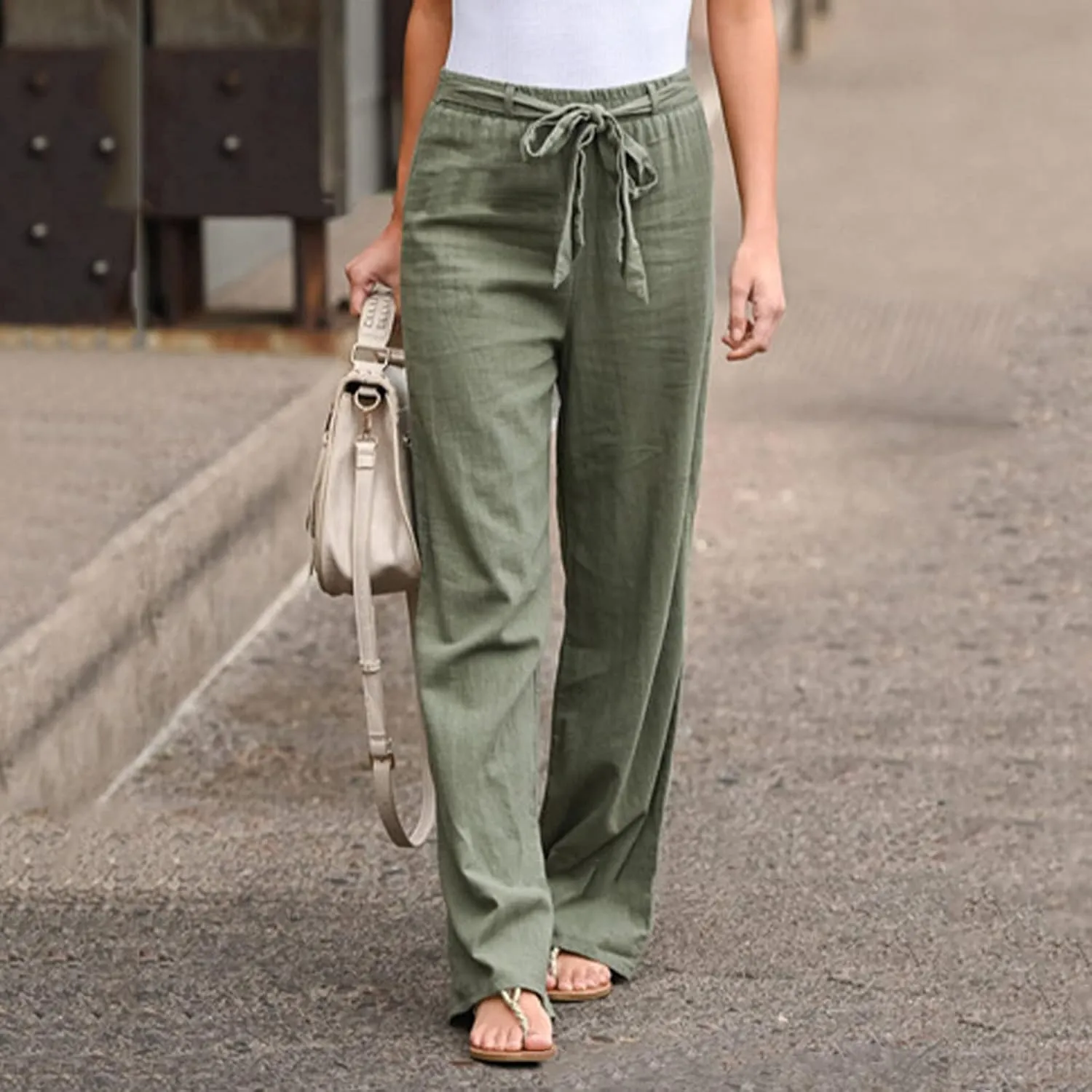 Women's Linen Blend Summer Casual Flowy Palazzo Lounge Pants Elastic Waisted Stretchy Straight Loose Fit