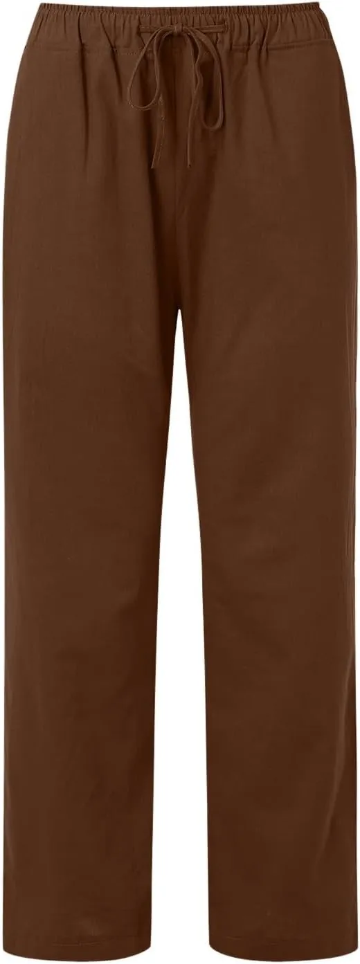 Women's Linen Blend Summer Cropped Palazzo Pants High Waist Lounge Pants Loose Fit Palazzo Lounge Pants Beach