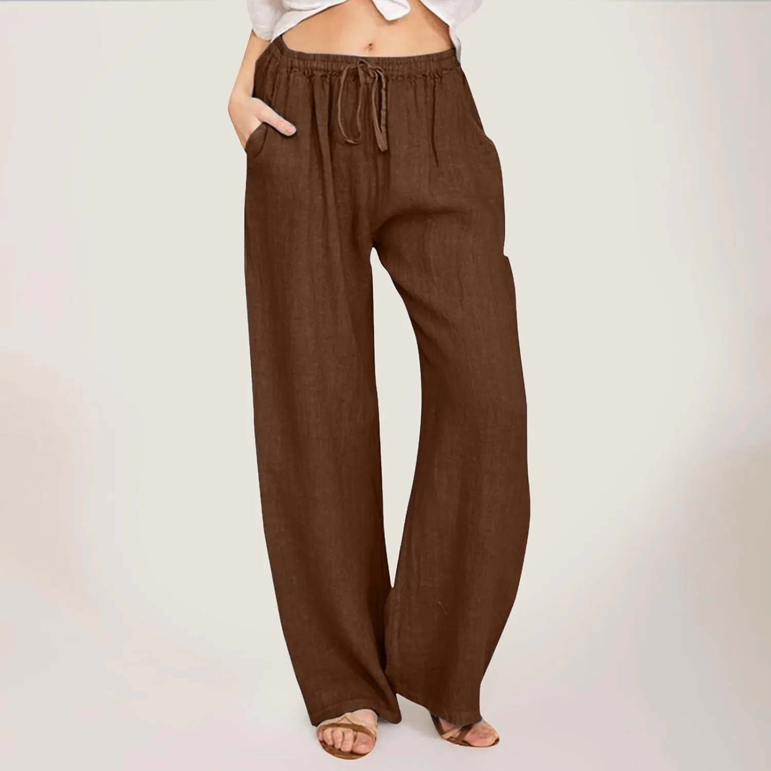 Women's Linen Blend Summer Cropped Palazzo Pants High Waist Lounge Pants Loose Fit Palazzo Lounge Pants Beach