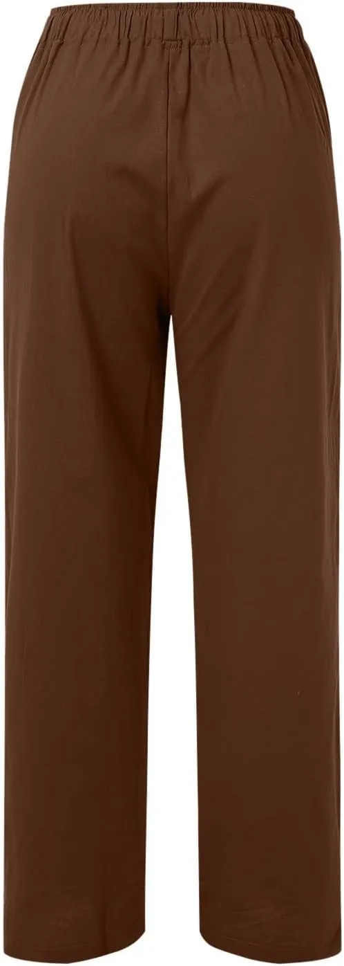 Women's Linen Blend Summer Cropped Palazzo Pants High Waist Lounge Pants Loose Fit Palazzo Lounge Pants Beach