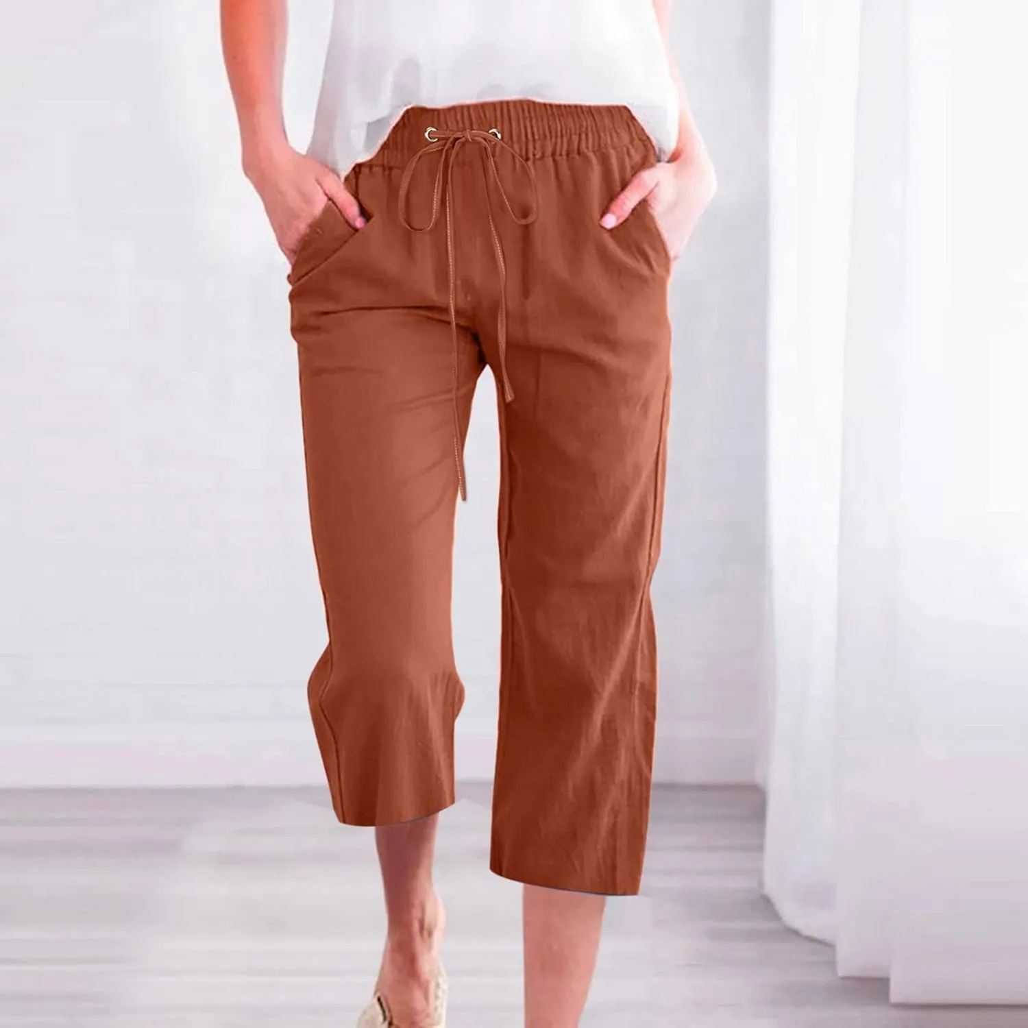 Women's Linen Blend Summer Palazzo Palazzo Pants High Waist Straight Slim Fit Pants Business Work